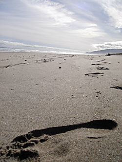 Fußspur im Sand unter weitem Himmel